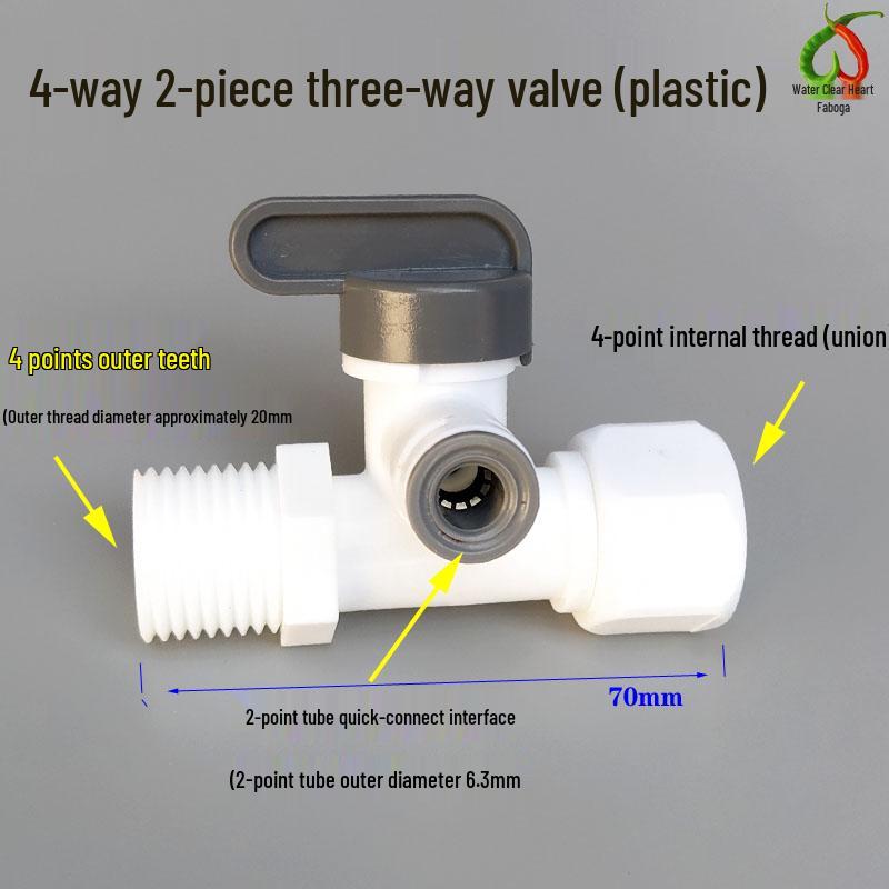 4-Way to 2-Way Tee Connector Water Purifier Valve with Switch, One-Piece Copper Alloy Ball Valve.