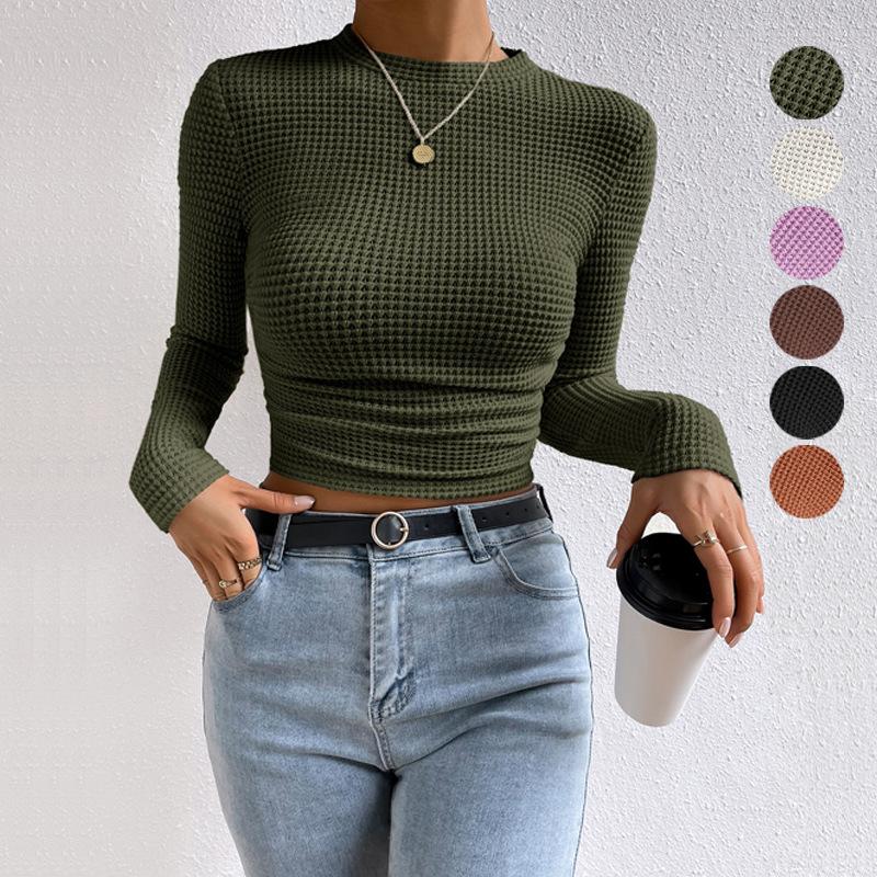 Women Solid Color Crew Neck Long Sleeve Slim Fit Casual Knit Shirt