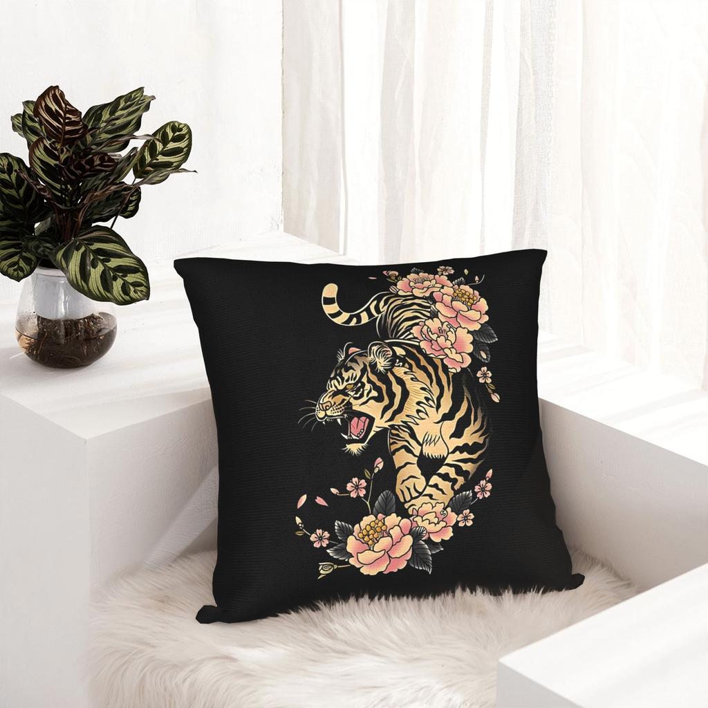 Double-Sided Japanese Style Tiger Pink Floral Pillowcase - Modern Decorative Cushion Cover With Zipper, Machine Washable