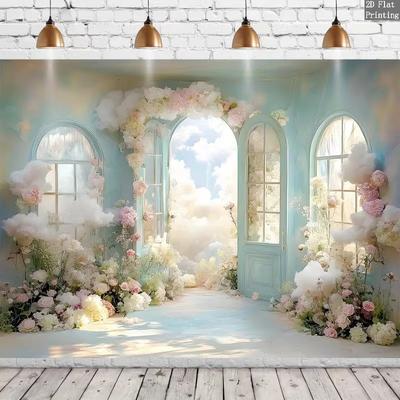 2D Fairy Tale Floral Backdrop, Cloudy Sky & Pastel Doorway Wedding Background Cloth
