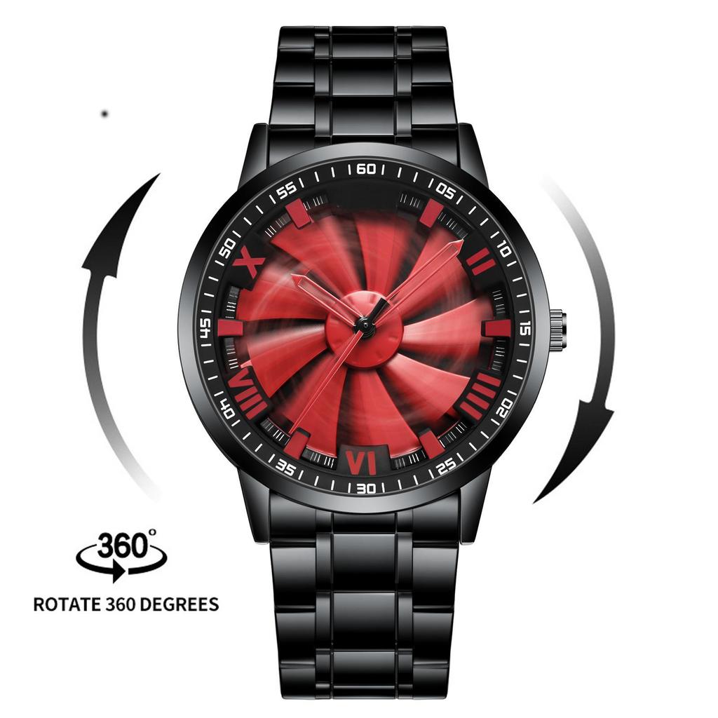 Men Quartz Watch Stainless Steel Rotating Wheel Clock Movement Casual Sports Wristwatch