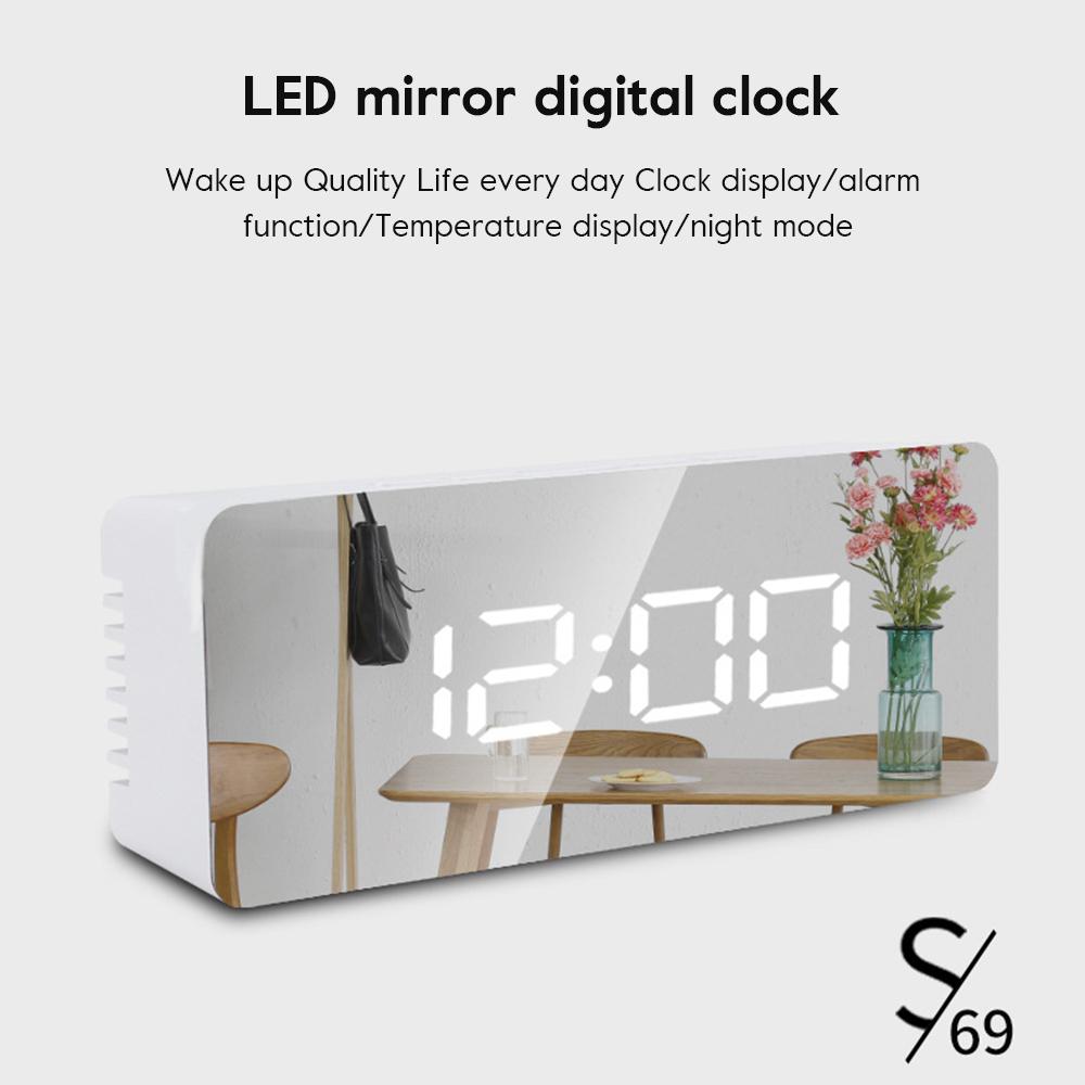1pc Digital Alarm Clock LED Large Mirror Display Snooze Temperature Night Light USB Rechargeable Prompt Alarm Clock Home Decor
