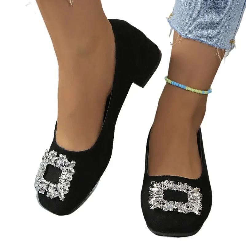 

2024 Женская обувь Slip on Женские туфли на высоком каблуке Модные офисные туфли-лодочки Женские туфли с квадратными пуговицами и круглым носком на среднем каблуке Женские 42 чёрный