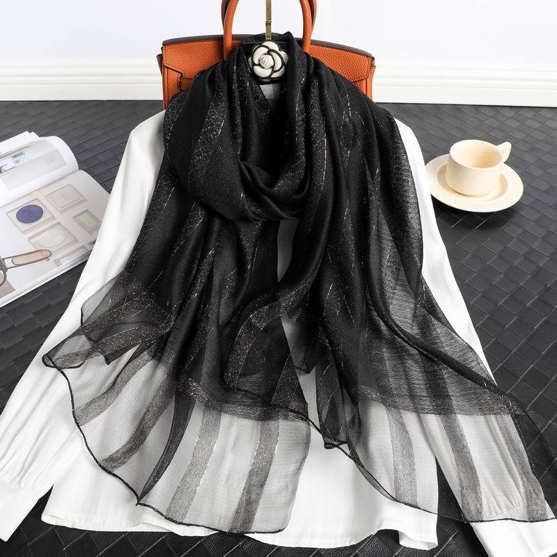 Fashion Stripe Women Silk Scarf Thin Summer Lady Beach Shawl Scarves With Gold Thread Muslim Foulard Female Hijab Headscarf