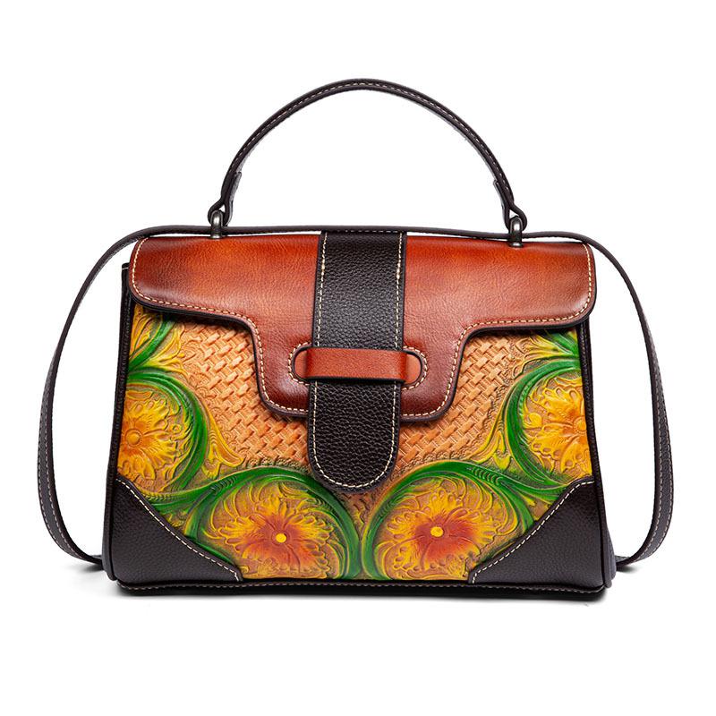 Johnature Ručně vyráběná embosovaná dámská taška z pravé kůže Univerzální kabelka Přírodní hovězí kůže přes rameno