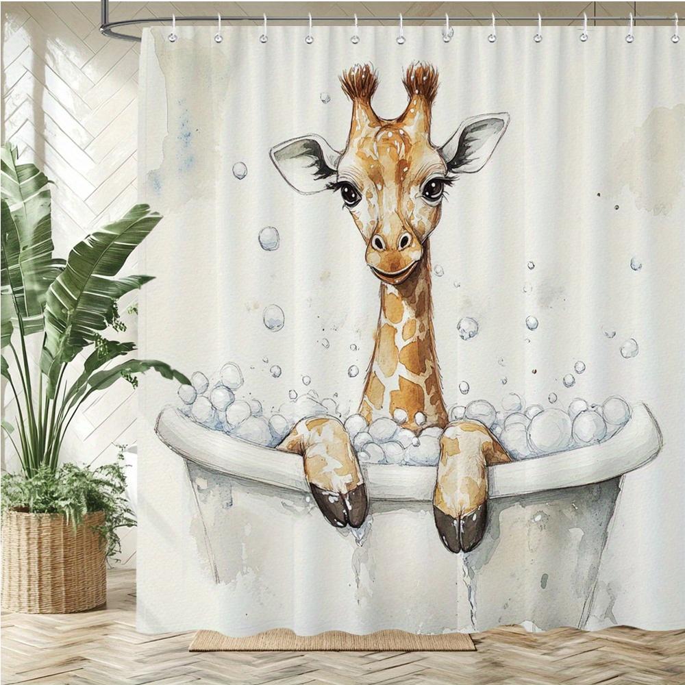 1ks Rozmarná Žirafa Sprchový závěs do koupelny s bublinkami - Hravý design zvířecího humoru ve vodových barvách, Odolná polyesterová tkanina