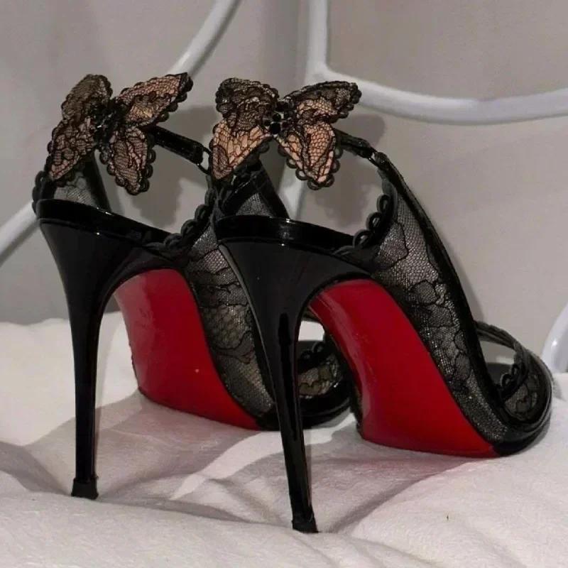 Sexy Krajka Mašlička Tenké Vysoké Podpatky Dámské Boty s Otevřenou Špičkou Elegantní Designové Striptýzové Banketové Společenské Boty Módní Značkové Sandály Dámské