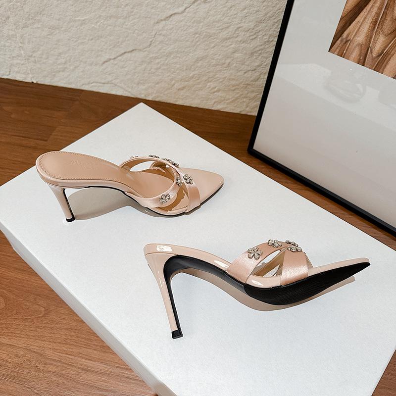 2025 summer new nude word with rhinestone cross sandals pointed toe thin heel beautiful high heel sandals women