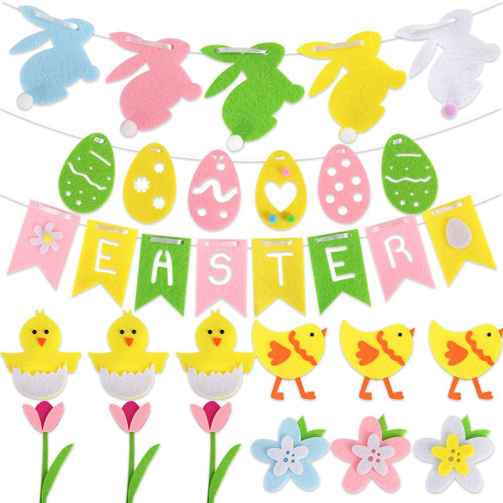 Vibrant Easter Felt Banner With Colorful Bunny Flags And Decorative Flower And Egg Stickers