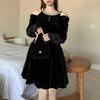 French Hepburn Off-Shoulder Velvet Little Black Dress - Retro Court Style, Petite Princess Dress
