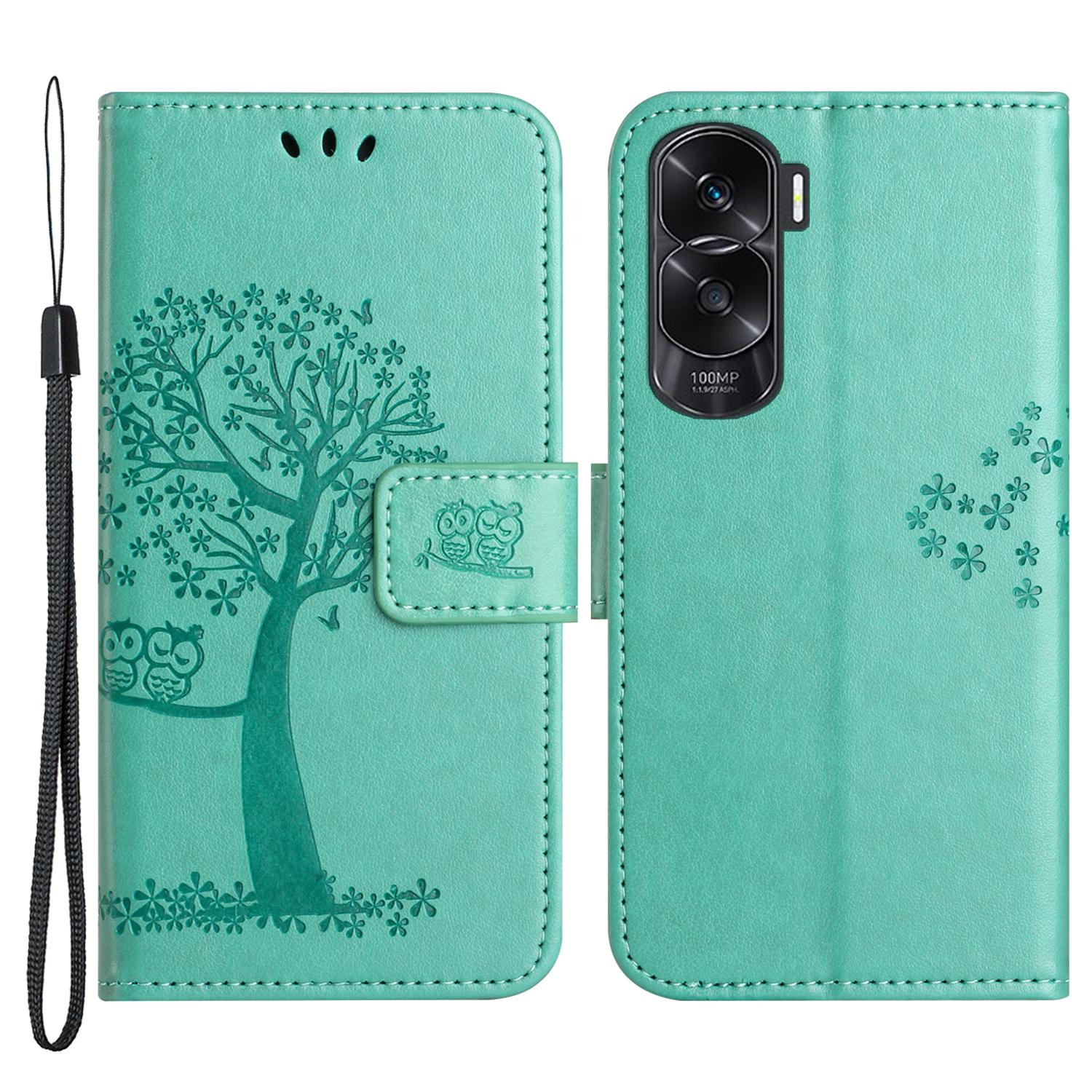 

For Honor 90 Lite 5G/X50i 5G Leather Flip Stand Cover Owl Tree Imprinted Wallet Phone Case Cyan