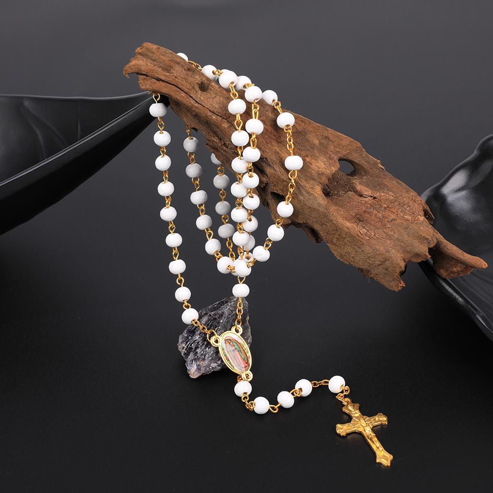 Wood Rosary Necklace For Women 6MM Wooden Prayer Beads Long Chain Religious Virgin Mary Cross Pendant Men Party Jewelry Gift