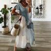 Women Plus Size V Neck Short Sleeve Abstract Printed Long Maxi Dress