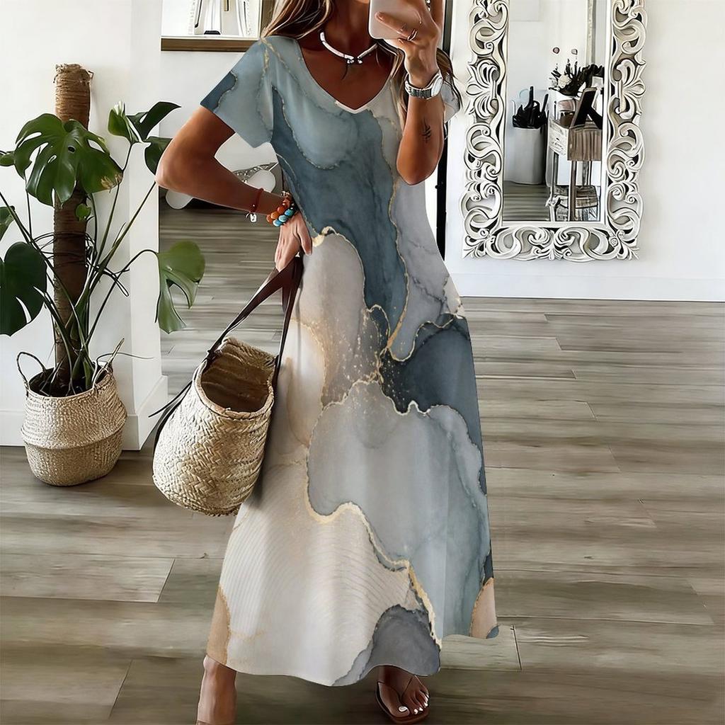 Women Plus Size V Neck Short Sleeve Abstract Printed Long Maxi Dress