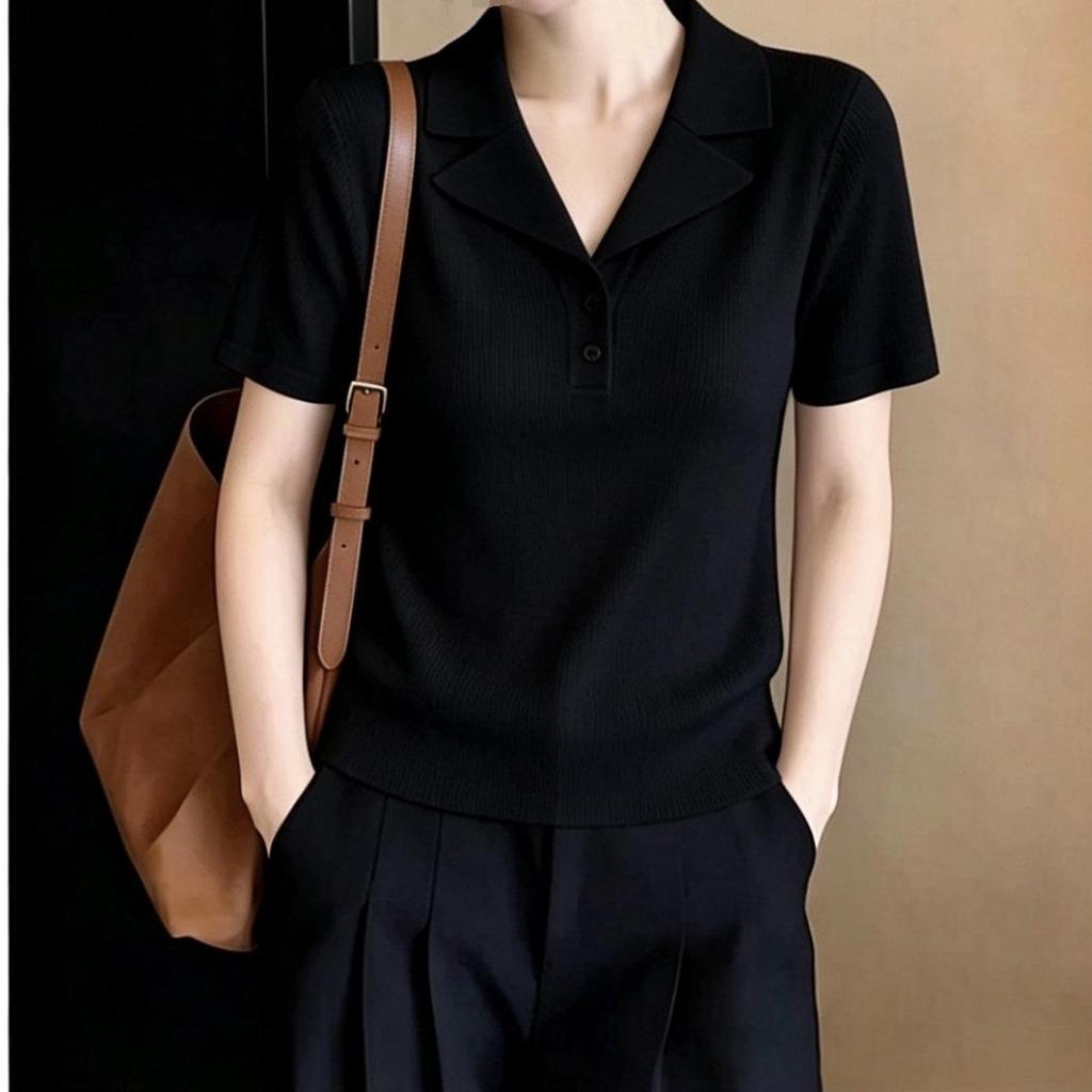 2026 French Style Women's Slimming Tencel Short Sleeve Knit Lapel Top
