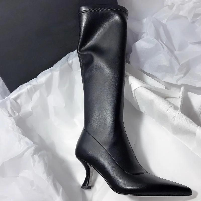 Fashion Sexy Thigh High Boots for Womens Pointed Toe Knee-High Boot Pu Leather Side Zipper High Heels Modern Shoe Zapatos De Mujer