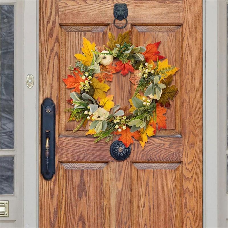 Artificial Wreath with Pumpkins Thanksgiving Wreath for Front Door, Window, Farmhouses, Indoor and Outdoor Decorations