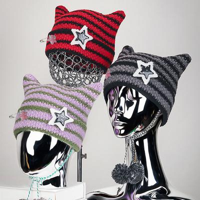 Winter Hairpin Pin Striped Knitted Hat Women's Tether Star Coldproof Ear Protection Wool Hat