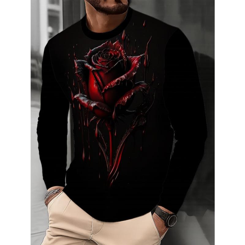 Trendy Men's Round Neck Long Sleeve Top Dark Rose Print Fashion Casual Base Shirt New Autumn Winter Youth Handsome Versatile T-Shirt