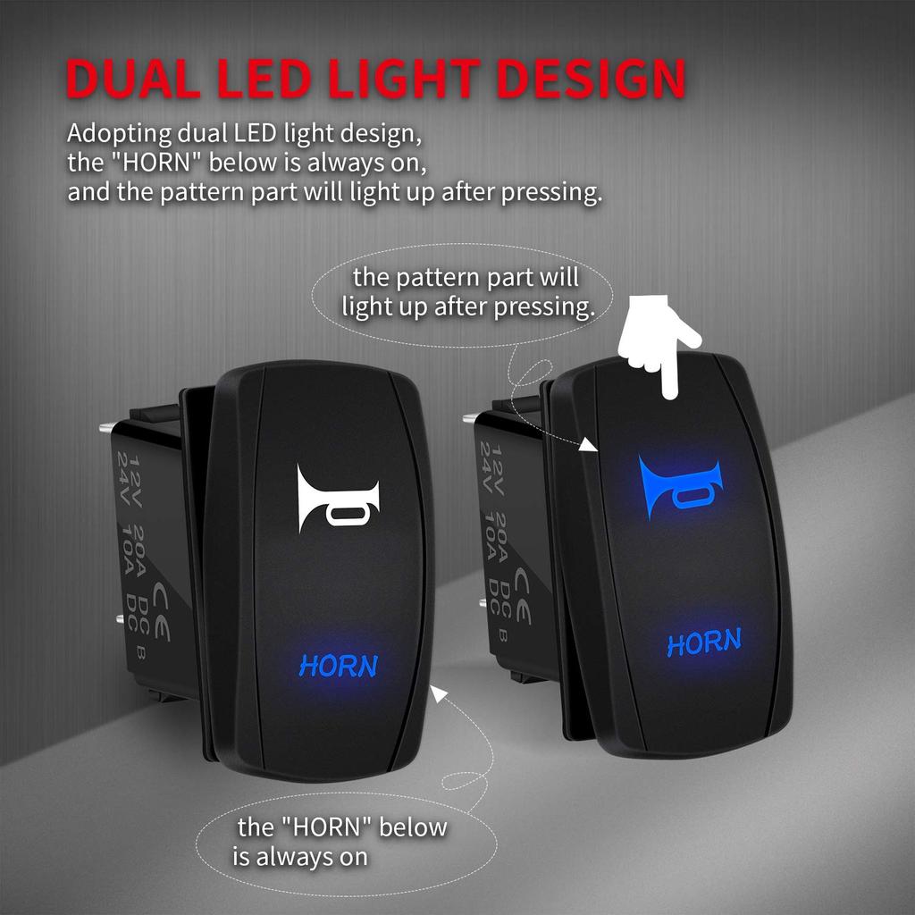 DaierTek 12V Horn Button Momentary Rocker Switch Blue LED 12 Volt Ranger Auto Train ATV UTV RZR Boat Marine Toggle Switch Waterproof