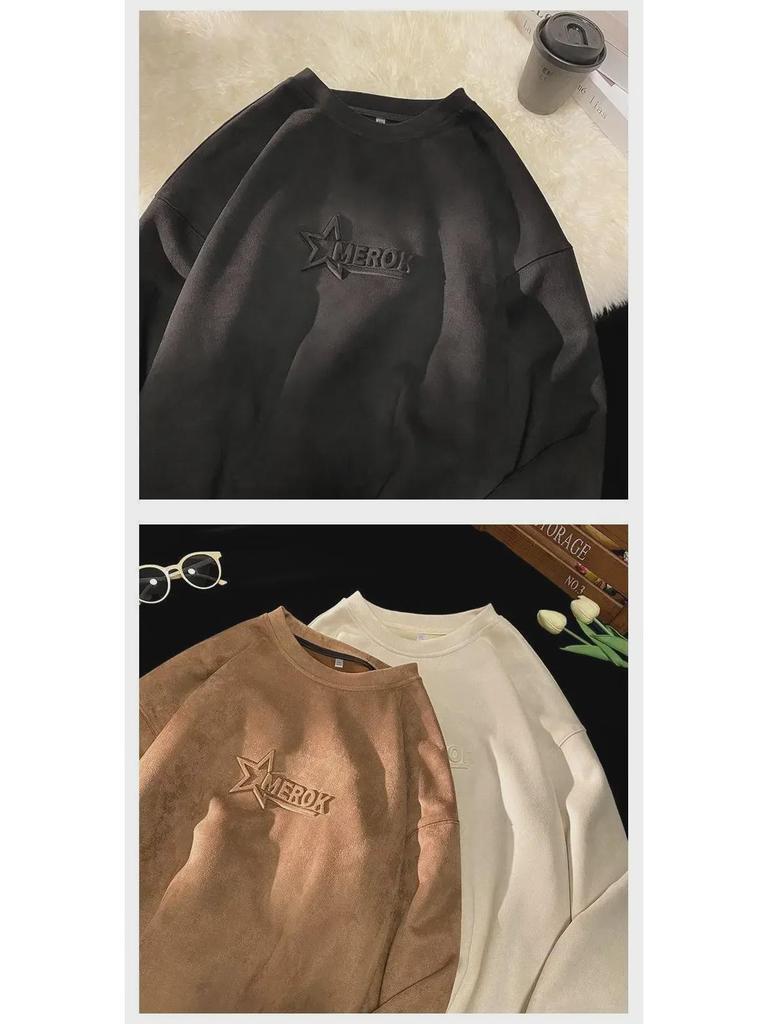 Herren Oversized Wildleder Sweatshirt - Trendiges High Street Winter Layer, Bequemer und Lässiger Stil ohne Kapuze