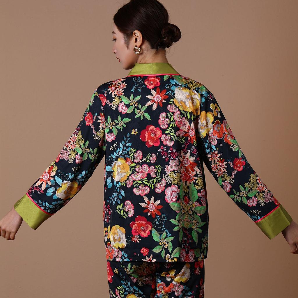 Pajamas for Women Outfits V Neck Flower Print Sleepwear Satin  Home Clothes Loose Nightwear 2 Piece Suit Pijama