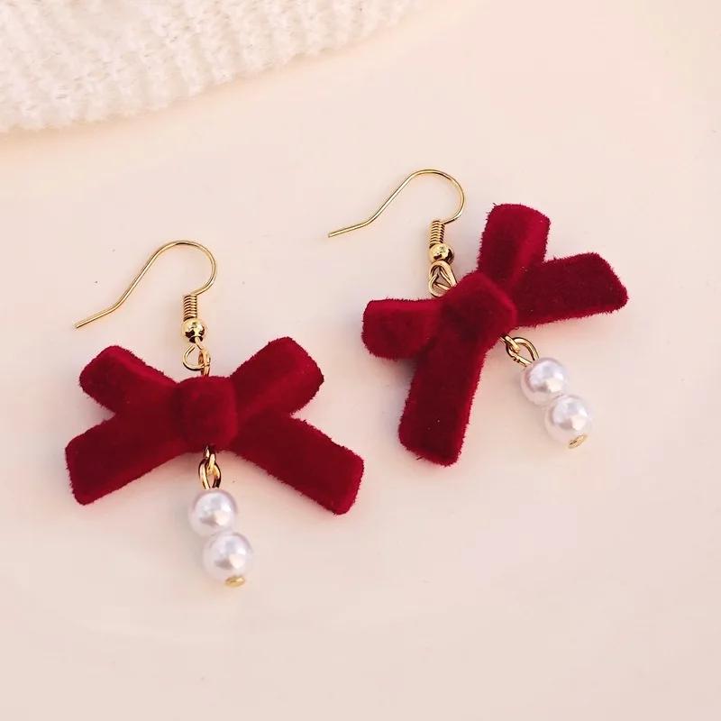 LATS Red Black Bowtie Earrings for Women Girls Simulated Pearl Cloth Bow Tie Earrings Jewelry Ear Accessories Beautiful Gifts