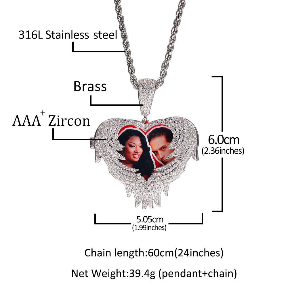 Zircon Love Pendant DIY Flip Inlaid Zircon Photo Pendant Creative Personality Copper Electroplated Hip Hop Necklace