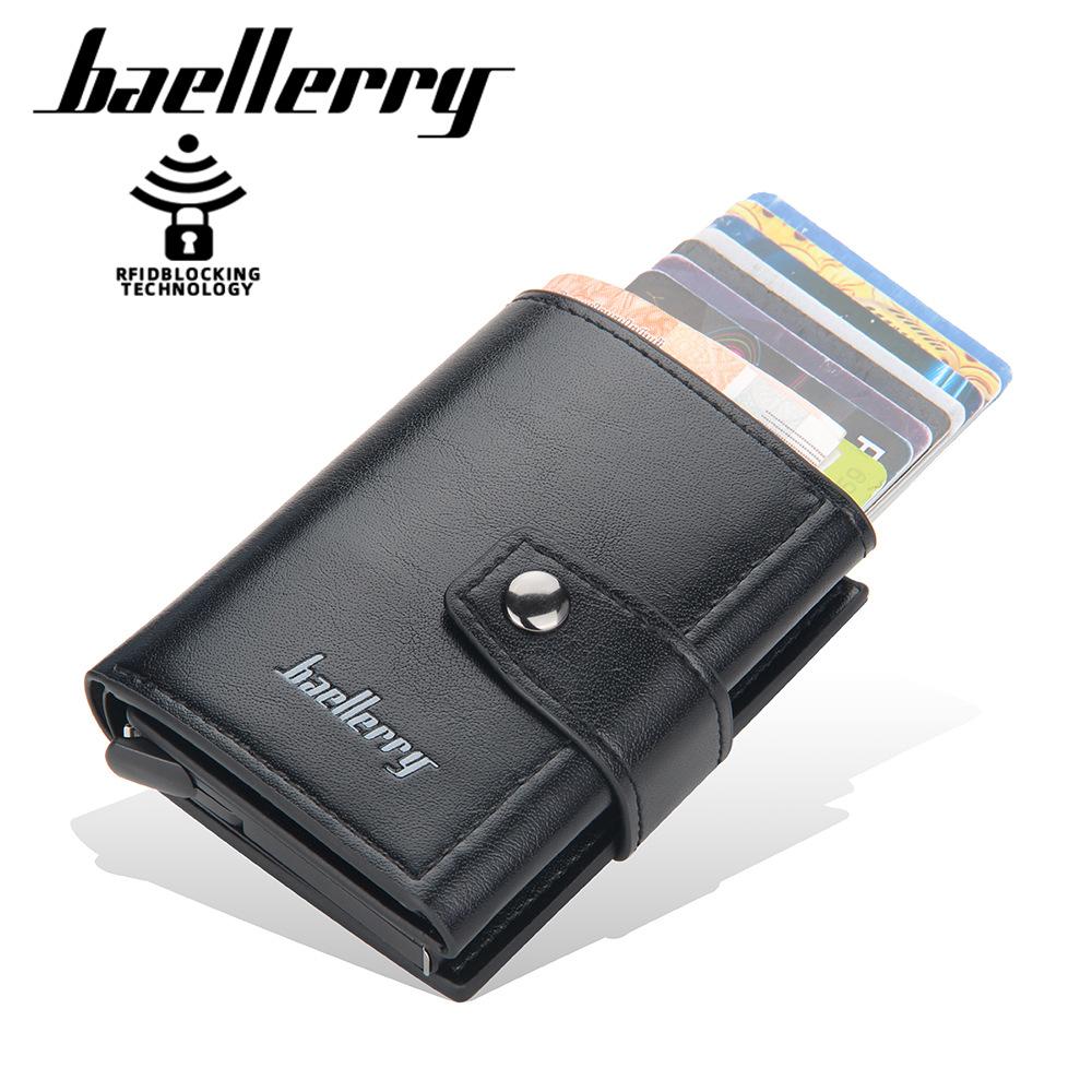 Baellerry Men's Fashion Short Wallet Aluminum Anti-magnetic Card Bag Anti-skimming Card Holder with Snap Button Automatic Pop-up Card Protector