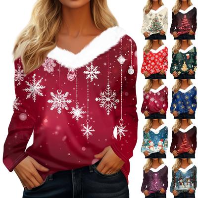 Damenmode Langarm Weihnachtstag Bedrucktes Plüschhals-Pullover-Oberteil mit V-Ausschnitt
