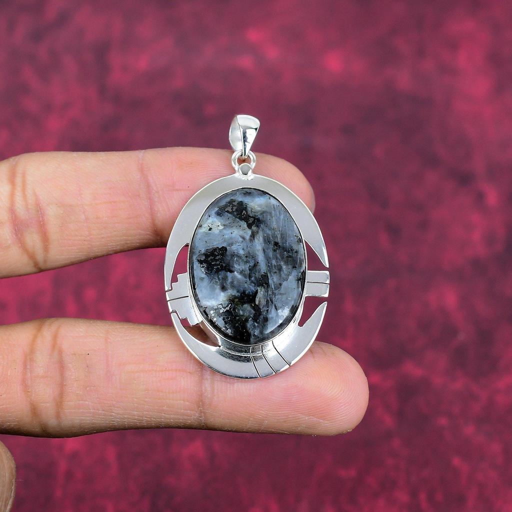 Přívěsek z larvikitu, stříbrný přívěsek 925 s drahokamy, ručně vyráběný přívěsek, úžasný šperk, dárek pro ni