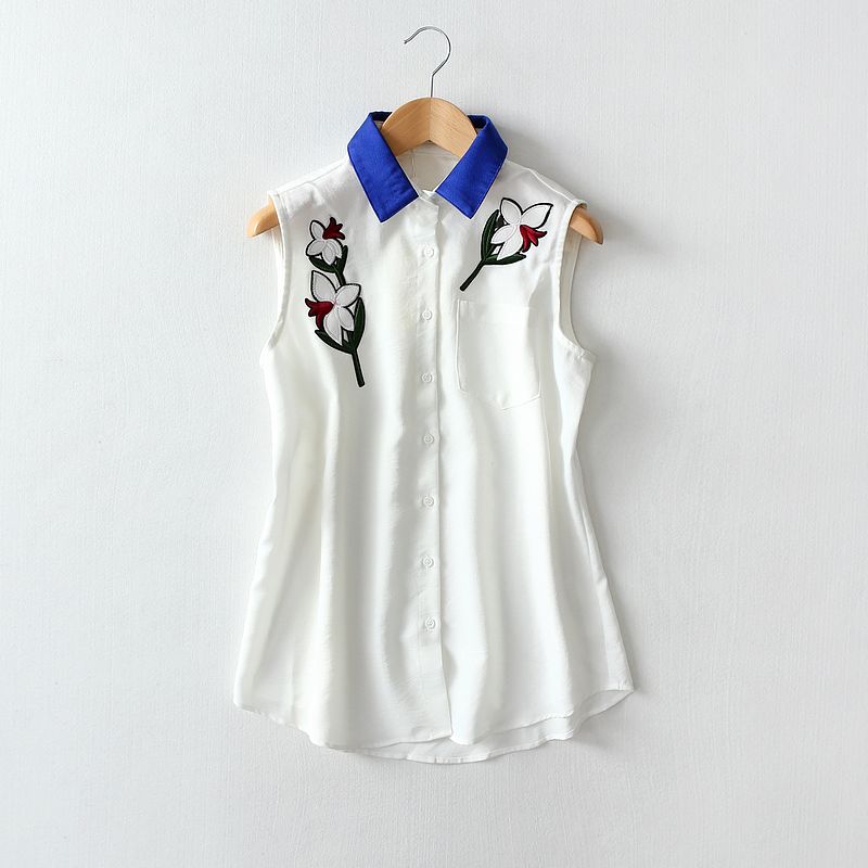 

Big Sale Change French Style Contrast Color Pointed Collar Shirt Classy Matte Polyester Cotton Blended Flower Patch Sleeveless Shirt White L