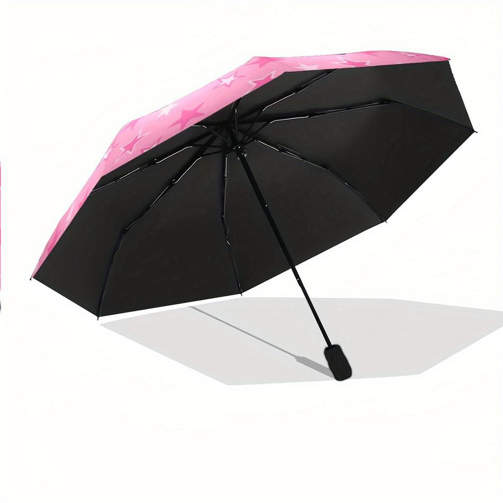 Automatic Folding Umbrella Pink and White Stars. Portable Collapsible Design, Casual Outdoor Accessory, Christmas Birthday Fes