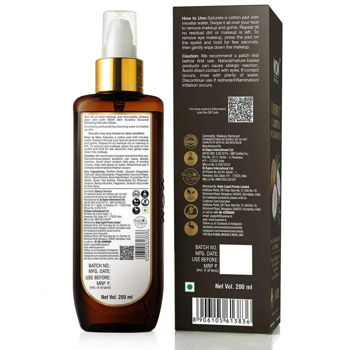 Wow Skin Science Coconut Clarifying Micellar Water für eine gründliche Reinigung und Make-up-Entfernung, 200 ml