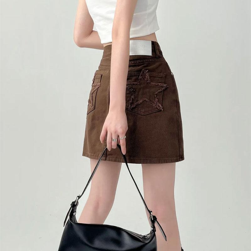 Womens High Waist A Line Denim Mini Skirt With Star Pocket S кофейный