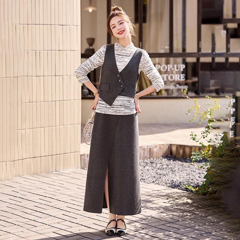 2025 Spring Elegant Long Sleeve Shirt, Vest, and Long Dress Three-Piece Set - SX3095