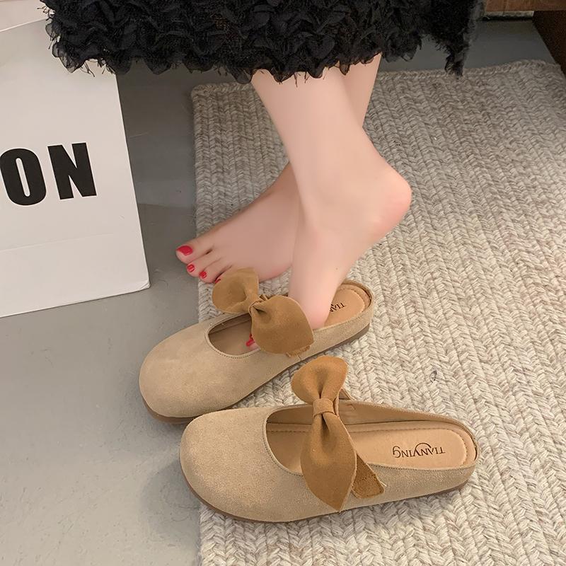 Fashion Spring New Baotou Slippers Women's Round Head Shallow Mouth Suede Butterfly Knot Soft Sole Anti-slip Wear-resistant Flat Shoes