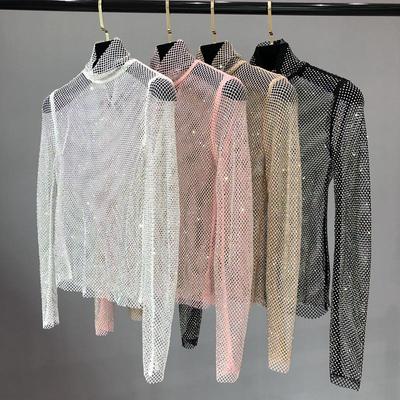 European & American Autumn/Winter Mesh Diamond High Collar Sexy Top - Versatile Fairy-Inspired Perspective Bottoming Shirt for Women