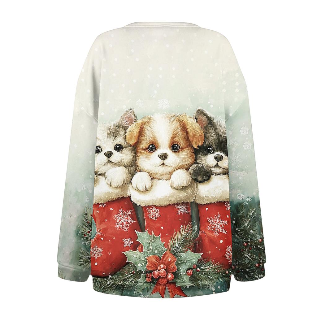 Women's Fashion Casual Long Sleeve Christmas Printed Round Neck Plus Velvet Thickened Sweatshirt