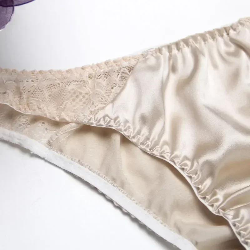 100% Mulberry Silk Sexy Silk Lace Underwear Breathable Low Waist Comfortable Antibacterial Briefs Lingerie Femme  Panties