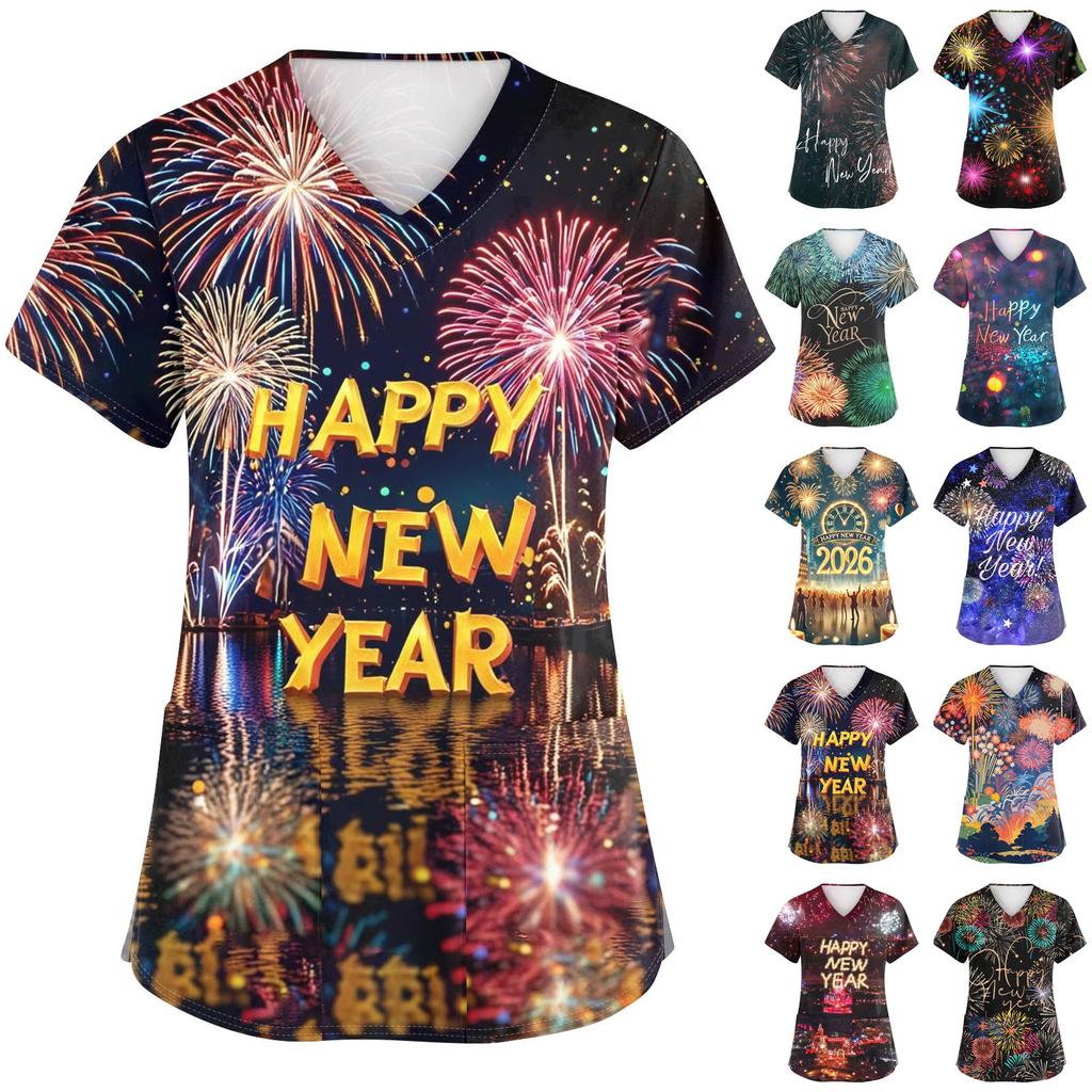 Women's Fashion Printed Short Sleeve V Neck Pattern Tops Pocket Working T-shirts