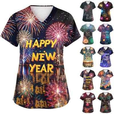 Damenmode Bedruckte Kurzarm-Oberteile mit V-Ausschnitt und Muster, Taschen, Arbeits-T-Shirts
