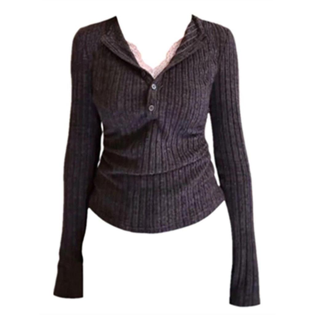 Gray Lace V-Neck Knit Top - Autumn/Winter Slim Fit Long Sleeve Base Layer