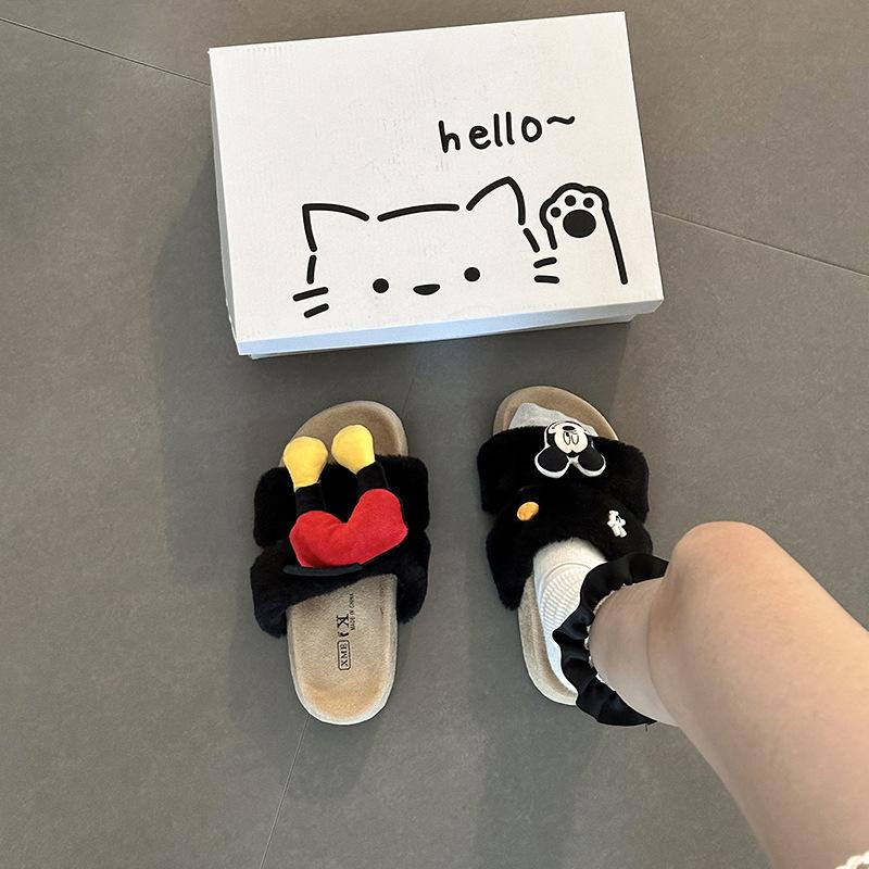 Piaohong Mickey thick-soled fluffy slippers 2025 autumn and winter cute cartoon home flat one-and-a-half slippers cotton shoes