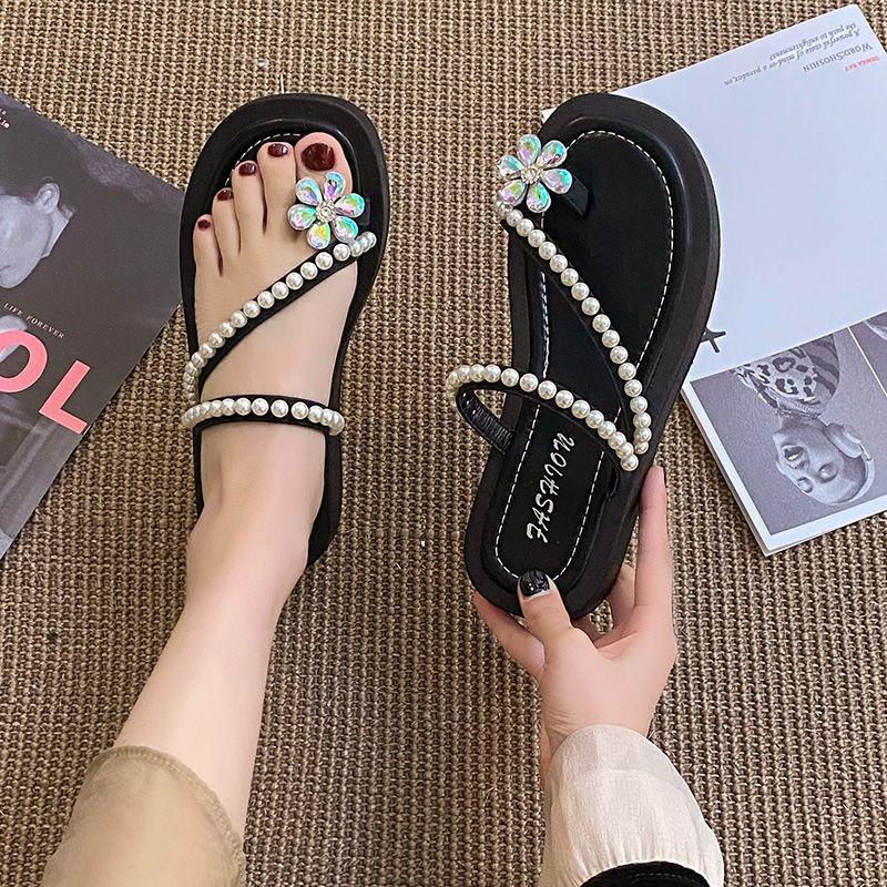 

Модные шлепанцы с плоским жемчугом, шлепанцы со стразами для пляжа, женские тапочки и женские сандалии, стильное предложение, ПВХ, элегантная модная обувь 40