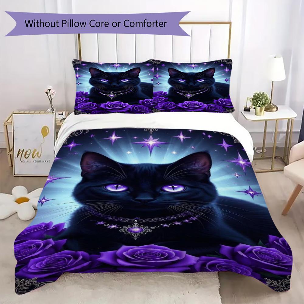 

Mystical Black Cat & Purple Rose Print Bedding Set, Gothic Fantasy Bed Linen Duvet Cover Set(1 * duvet cover + 2 * pillowcase, without core) 135x200cm