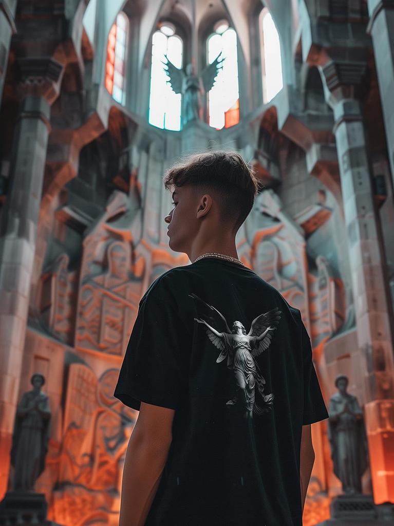MyStars Angel Statue Men's Black Oversized Short Sleeve T-Shirt L