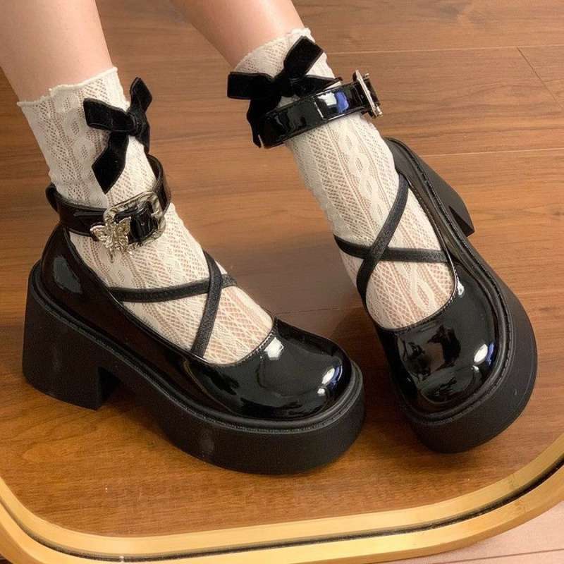 Thick-soled Mary Jane small leather shoes women's summer one-word button round head French retro thick heel high heel single shoes