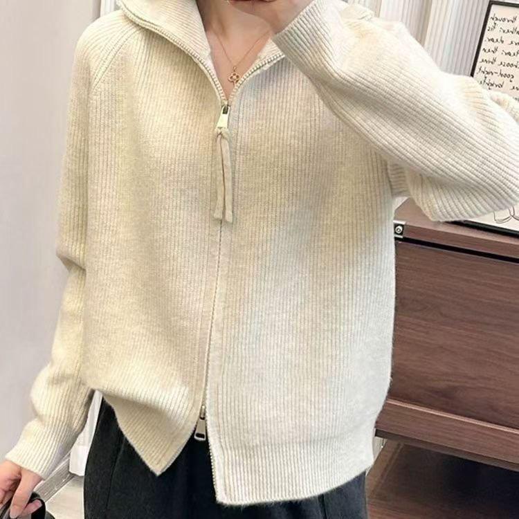 Women's High-End Stand-Up Collar Double Zipper Cardigan Jacket - 2024 Autumn/Winter Thick Knit Sweater Style