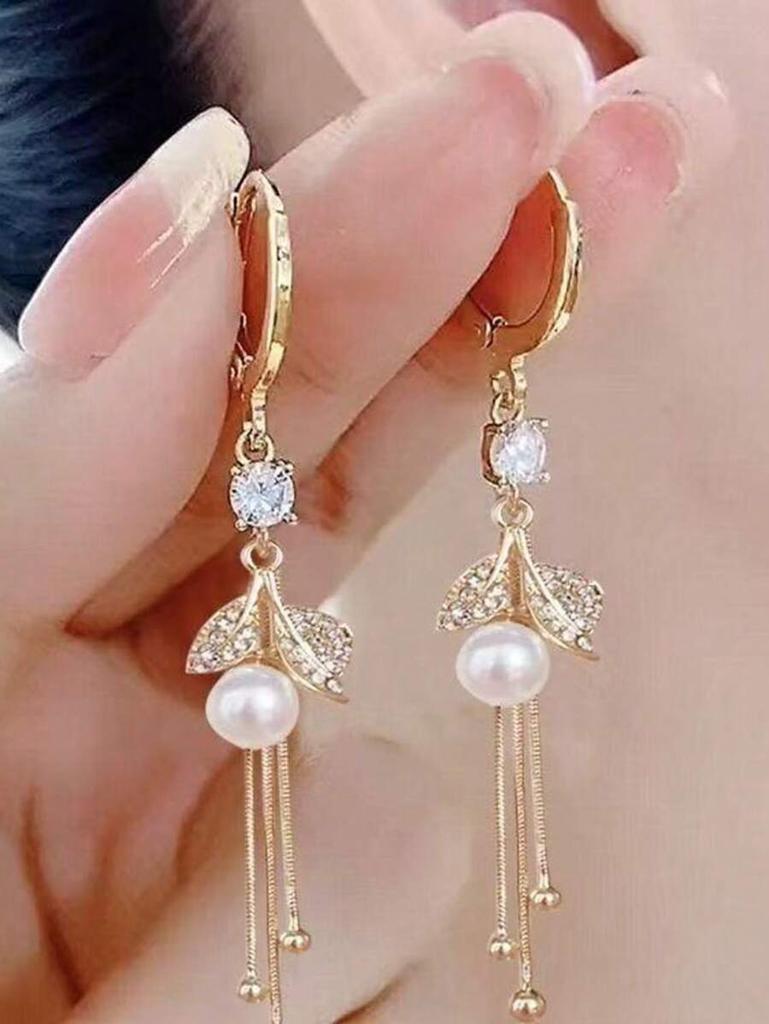 1Pair Luxurious Red New Style Long Tassel Pearl Leaf Dangle Earrings, Elegant Jewelry Accessories